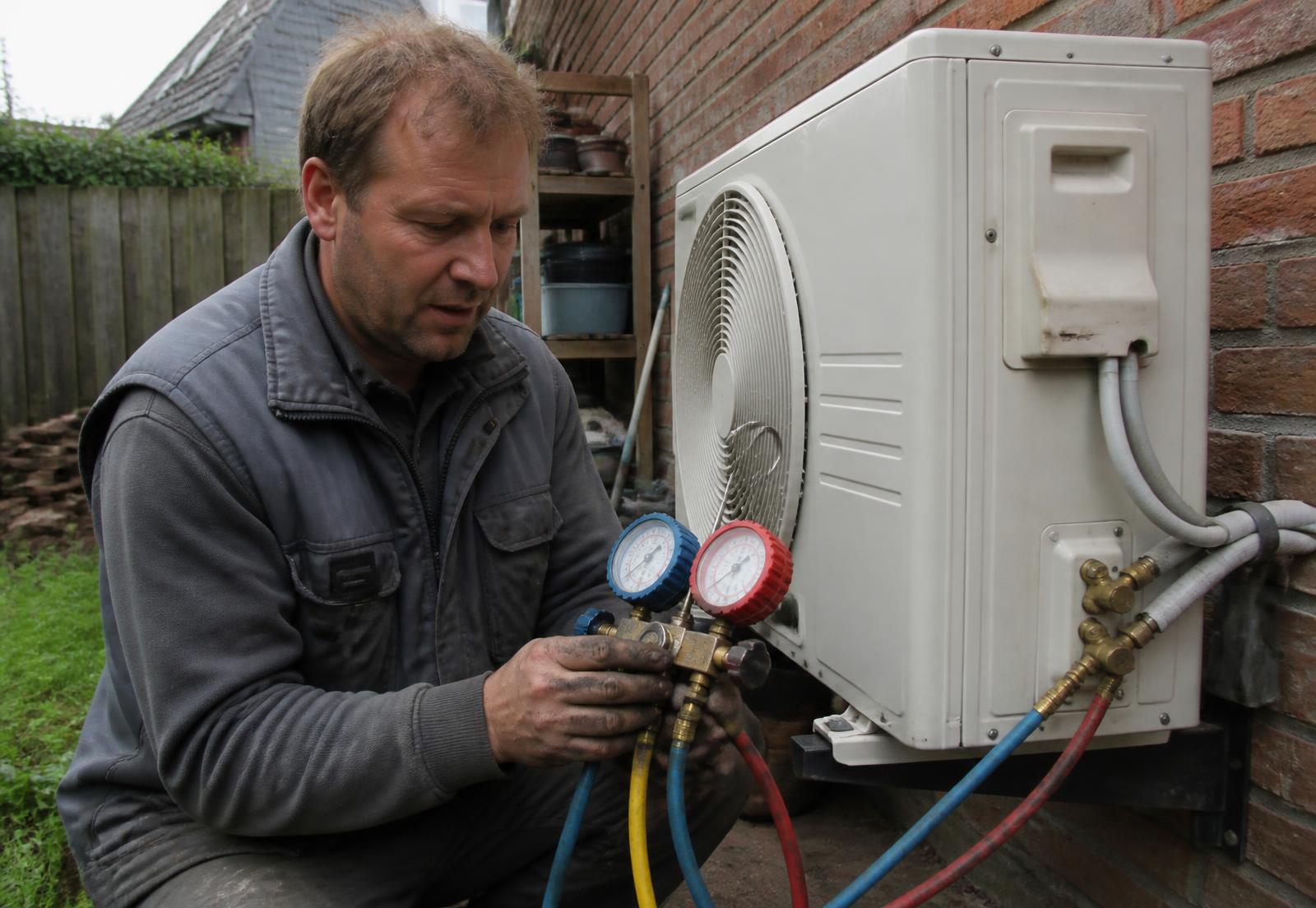 Monteur vult koudemiddel bij met manometerset