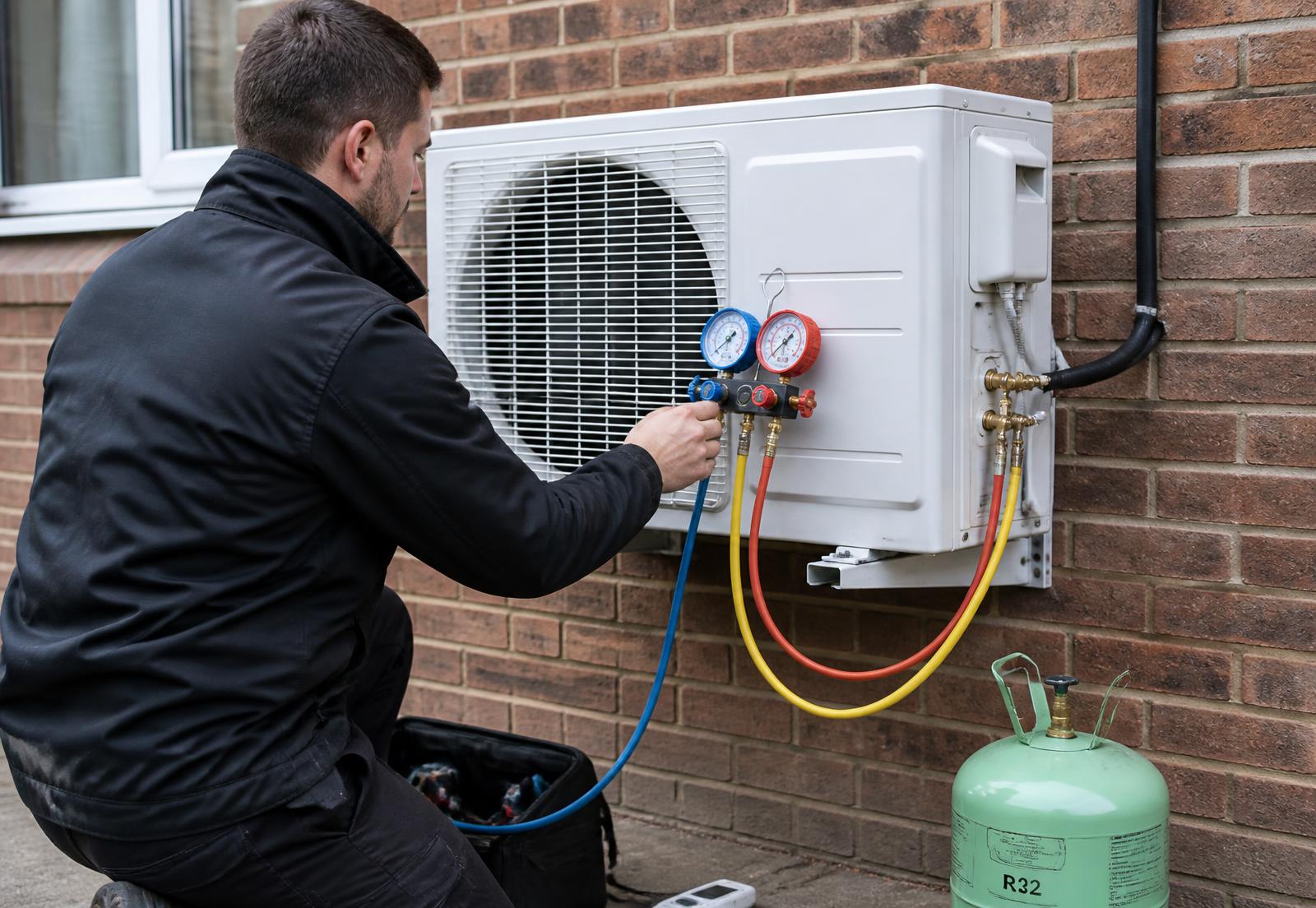 Monteur vult koudemiddel bij op een airco-buitenunit
